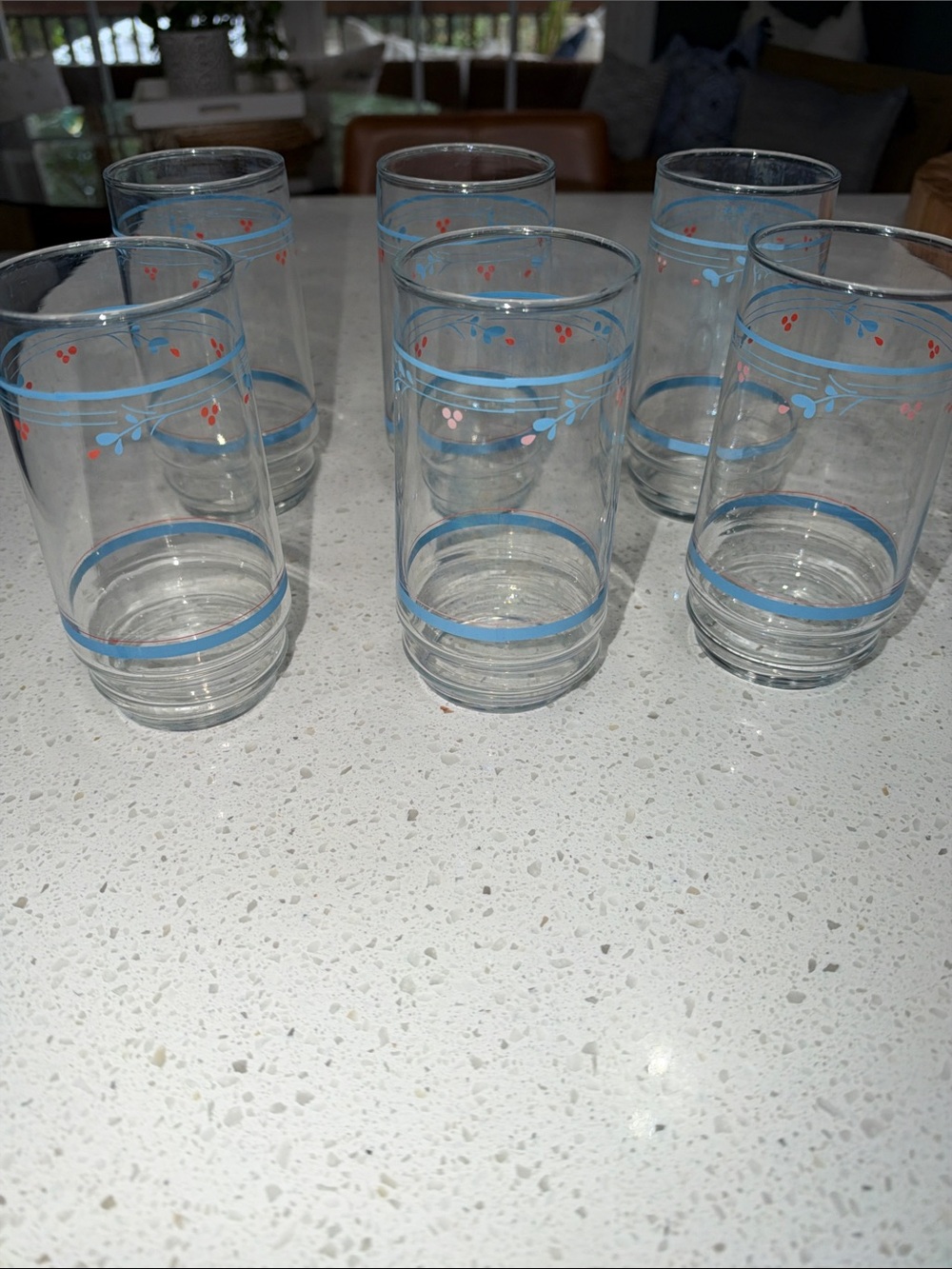 1980’s Vintage Corelle Glass Tumblers Set 6 country violets red blue floral EUC!